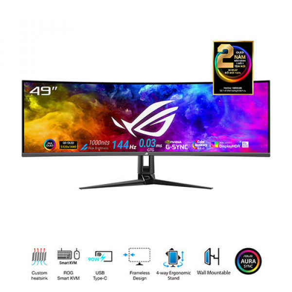 Màn Hình Gaming ASUS ROG Swift OLED PG49WCD (49.0 inch | OLED | DualQHD | 144Hz | 0.03ms | USB TypeC | SPDIFout | FreeSyncPro | GSYNC | HDR400 | Curved)
